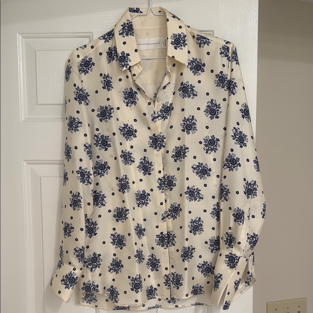 Victoria Beckham Floral Cream and Blue Women's Top M